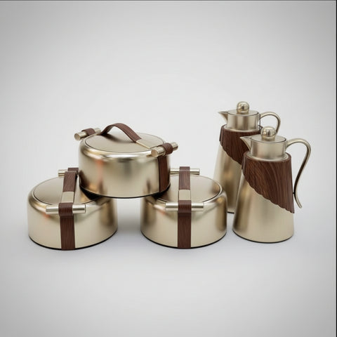 Set of silver containers with brown straps on a stone surface with a garden background